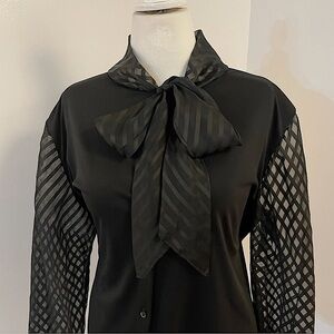 Vintage Sheer Sleeve Buttondown Tie Neck Pussybow Blouse Black Size  XXL 18/20